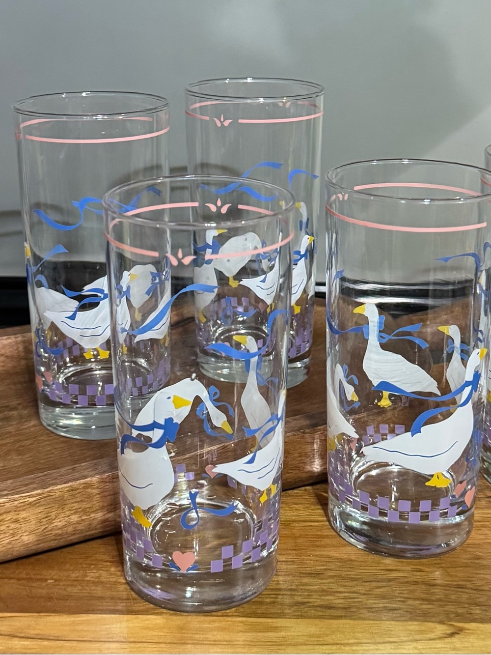 Vintage Country Goose Geese 6 Drinking Glasses Cottage Core Pink Hearts  Purple
